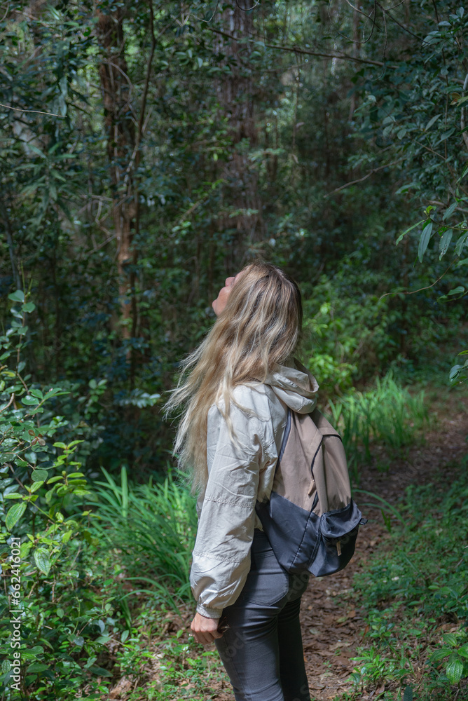 Woman is enjoying walking through the tropical rainforest of Madagascar Woman is enjoying walking through the tropical rainforest of Madagascar