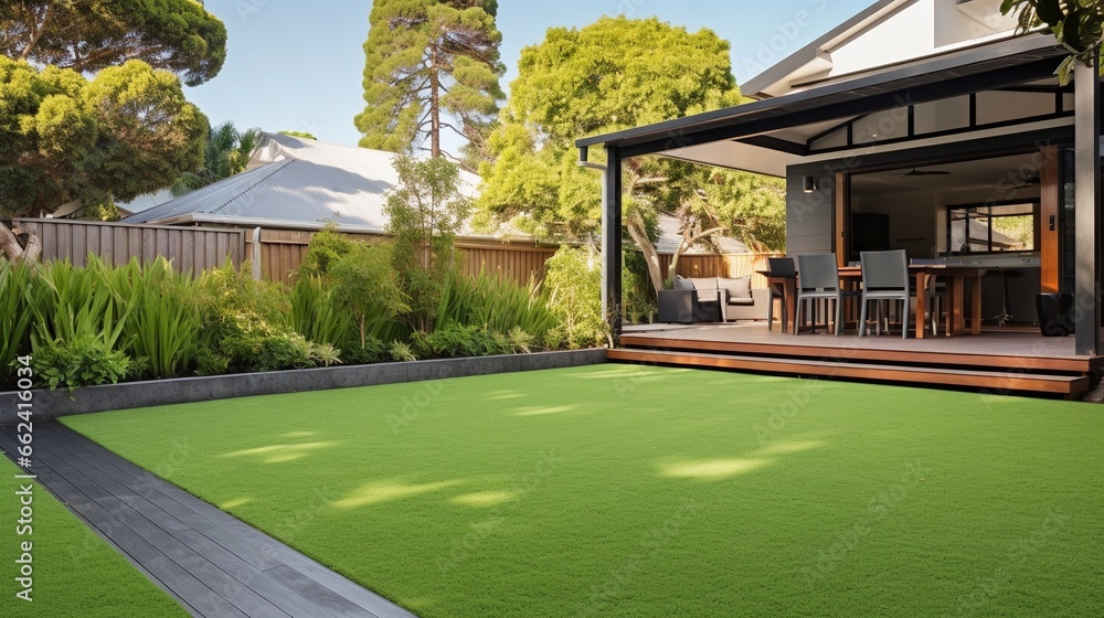 Obraz premium Contemporary Lawn Turf with Wooden Edging in Front Yard of Modern Australian House. Artificial Grass with Clean Design and Boundary Decoration