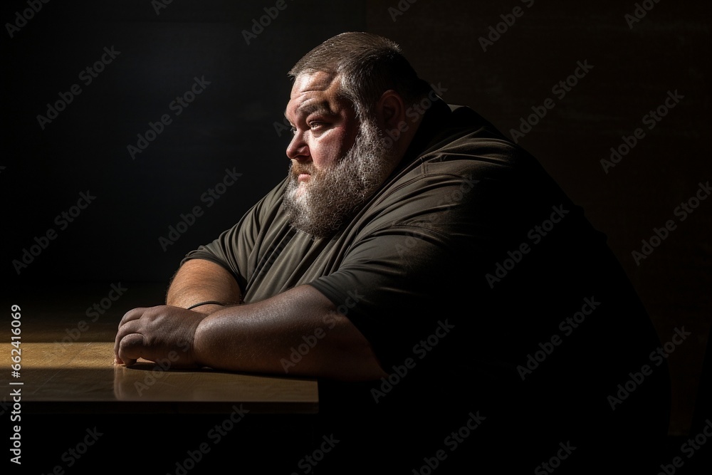 Old obese man looks stressed on dark background, with copy space. Old obese man looks stressed on dark background, with copy space.