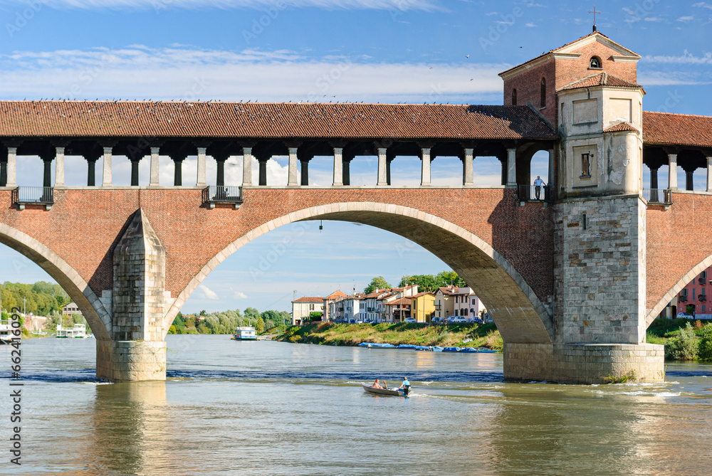 The bridge Ponte Coperto over river Ticino, a landmark of Pavia