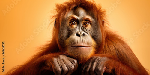 Cute orangutan on orange background, wide horizontal panoramic banner with copy space, or web site header with empty area for text.