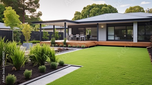 Contemporary Lawn Turf with Wooden Edging in Front Yard of Modern House. Artificial Grass with Clean Design and Boundary Decoration © Jasper W