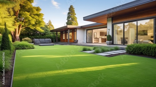 Contemporary Lawn Turf with Wooden Edging in Front Yard of Modern Australian House. Artificial Grass with Clean Design and Boundary Decoration © JW Studio