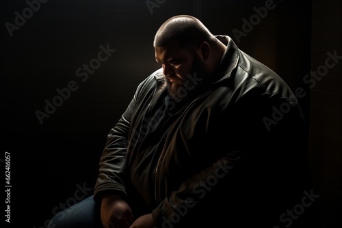 Old obese man looks stressed on dark background, with copy space.