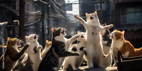 Cat king leading group of cats on street, Cat leader giving lectures to other cats, surreal scene of animals on street