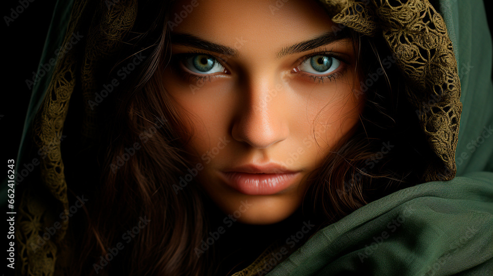 close up of beautiful woman in green headwear close up of beautiful woman in green headwear