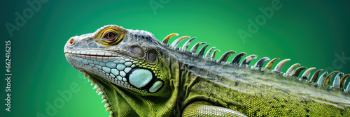 Beautiful iguana on green background  wide horizontal panoramic banner with copy space  or web site header with empty area for text.