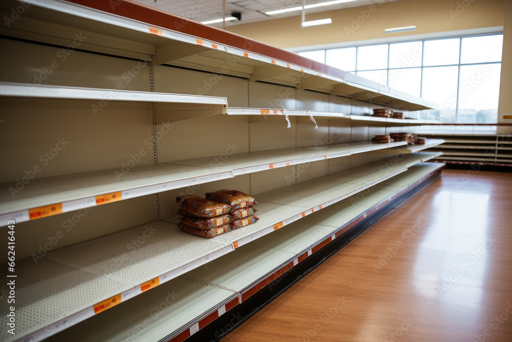 Shortage of goods and food deficit concept. Empty shelves in supermarket. Supply chain disruption due to war and sanctions - obrazy, fototapety, plakaty 