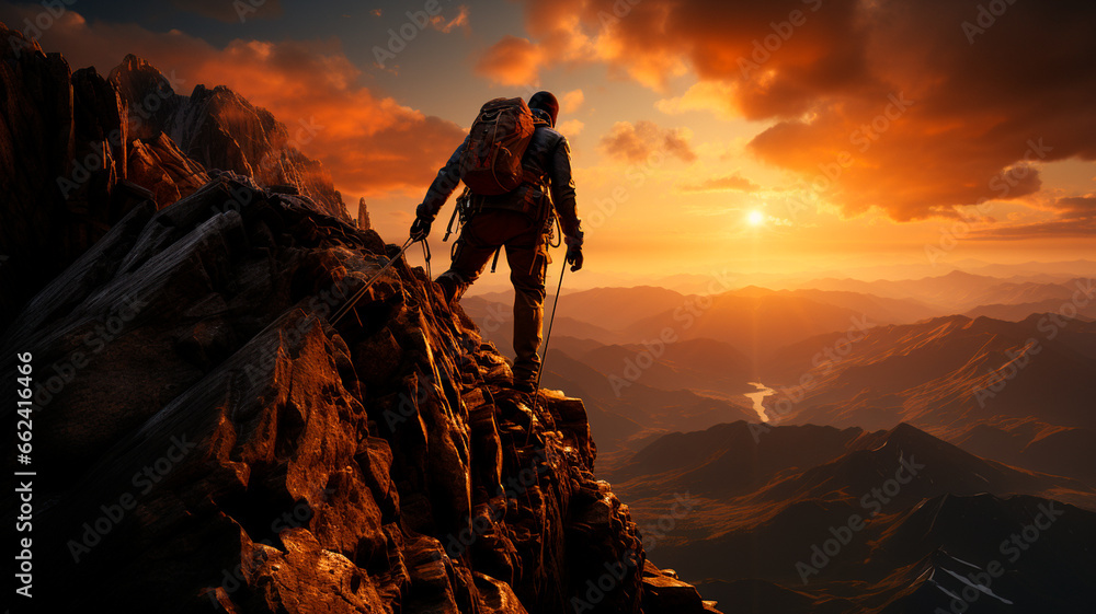 hiker man on top of mountain with sunset background hiker man on top of mountain with sunset background