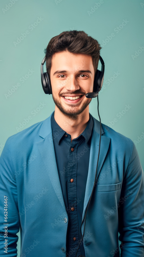 Male businessman working in the call center with headset, a smiling call center agent wearing a headset Male businessman working in the call center with headset, a smiling call center agent wearing a headset