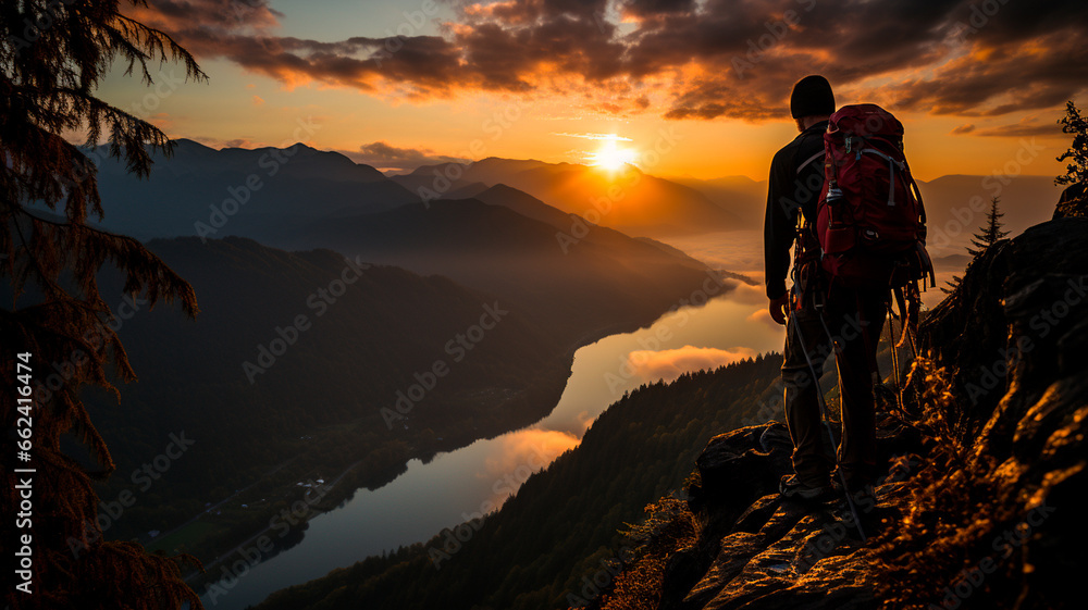 hiker man on top of mountain with sunset background