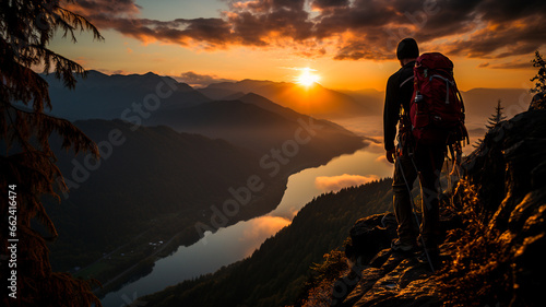 hiker man on top of mountain with sunset background