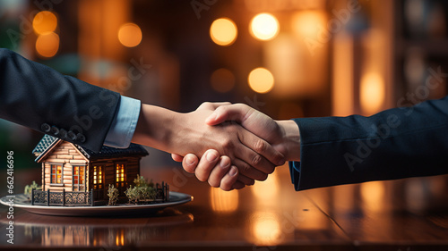 real estate agent shaking hands with client, customer shaking hands after signing a contract, house or real estate concept, insurance and agreement