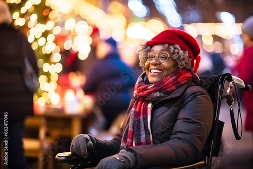 African American elderly woman in wheelchair having fun And walk around Christmas fair in festively decorated city