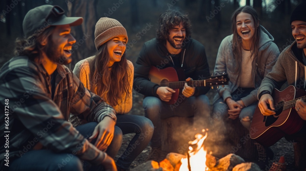 Joyous group of young friends laughing and bonding around a campfire, embodying friendship and fun during a wilderness camping adventure.