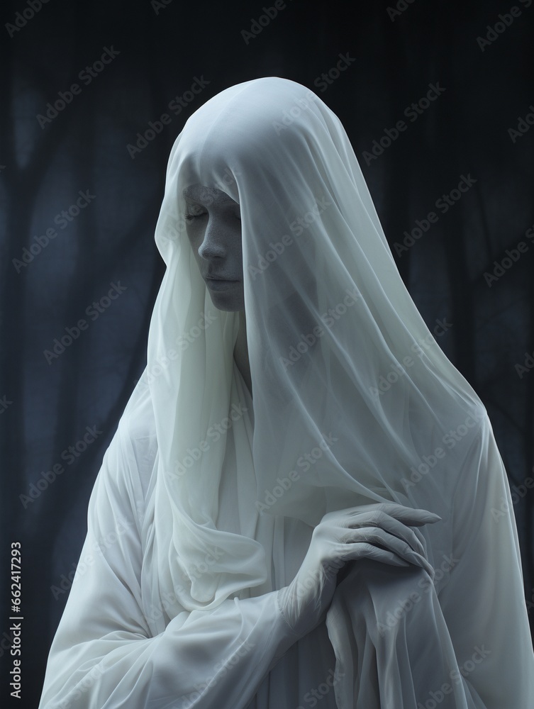 Sad and sorrow white ghost on dark background, Halloween scary haunting scene, poster design.