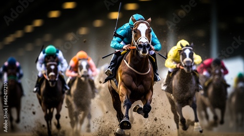 Horse racing scene, concept of speed, sport and gambling.