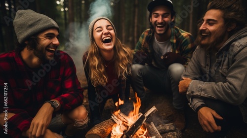 Joyous group of young friends laughing and bonding around a campfire, embodying friendship and fun during a wilderness camping adventure.
