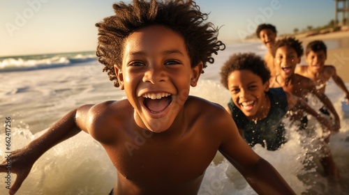 A group of enthusiastic young African American boys playing and splashing in sunshine sea water, boys having fun on the beach.