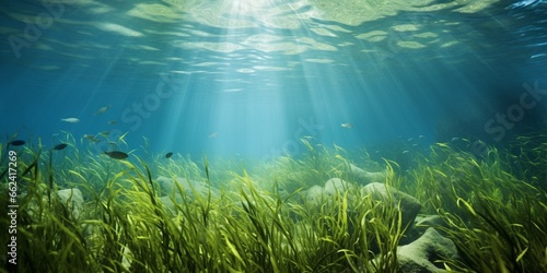 Underwater background of green sea grass and blue water
