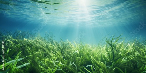 Underwater background of green sea grass and blue water