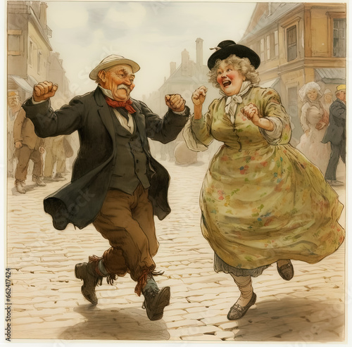 Vintage drawing of an elderly couple excitedly dancing a folk dance on a city street, 19th sentury photo