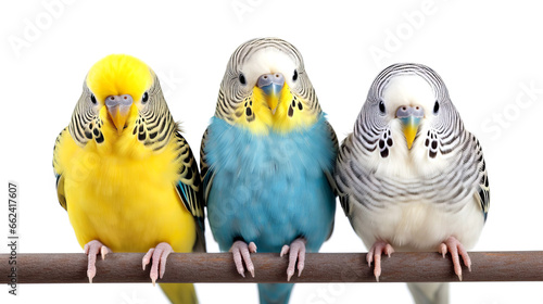 Close-up of three cute tame budgies sitting on a perch.