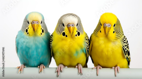 Close-up of three cute tame budgies sitting on a perch.