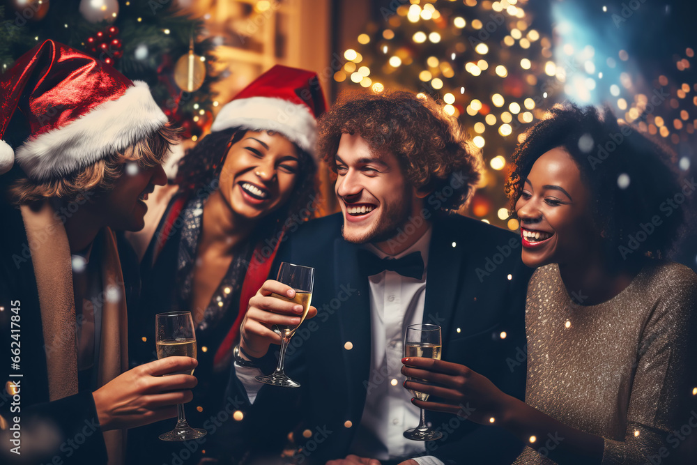 Multiracial friends having fun and drinking sparkling wine at Christmas party