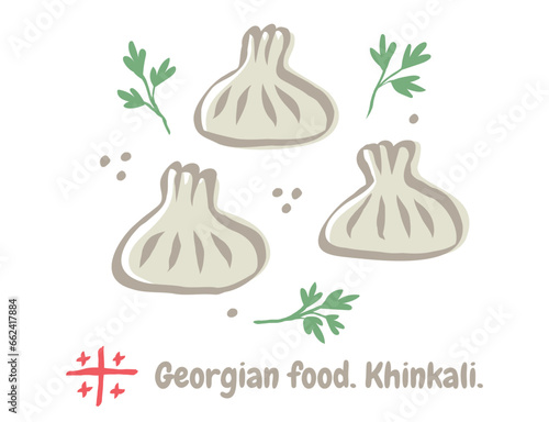 Vector illustration of Georgian food of khinkali in doodle style. Khinkali, food og Georgia.