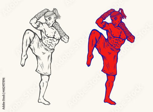 Vector illustration of Thai fighter for fighting club. Vector illustration of fighter for Muay Thai club. Martial art.