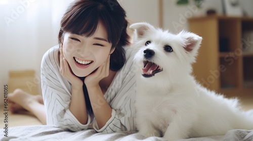 Photographie Asian women playing with funny dog. AI generated image
