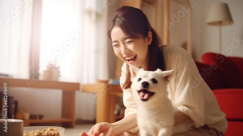 Asian women playing with funny dog. AI generated image photo