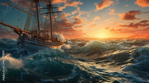 sailing ship at sunset photo