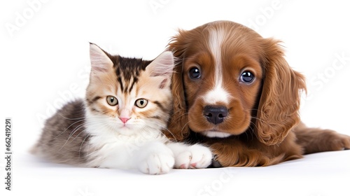 Cat and dog sit down together isolated white background. AI generated image