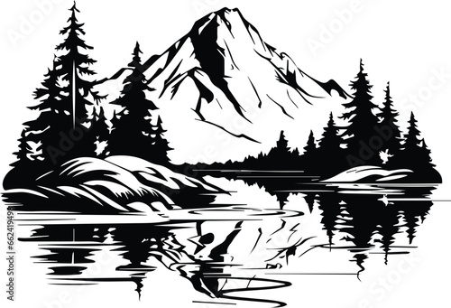 Mountains Lake And Forest Logo Monochrome Design Style