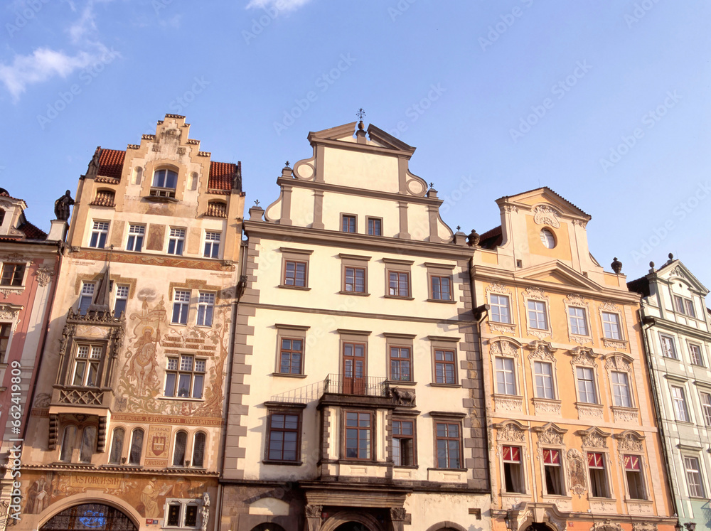 Row of buildings with colorful facades in Prague Old Town