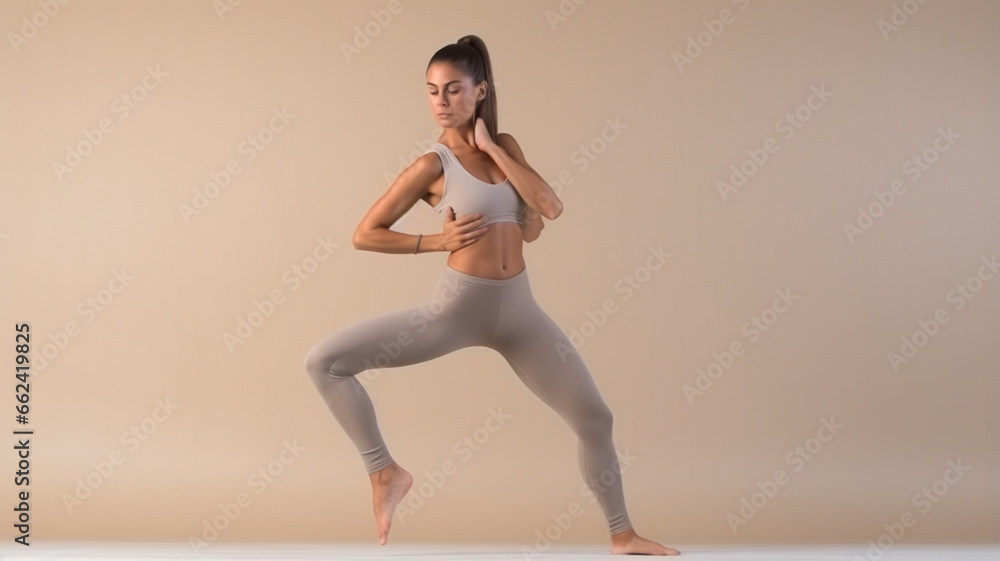 Young sporty woman in leggings and tops on beige background generativa IA Young sporty woman in leggings and tops on beige background generativa IA