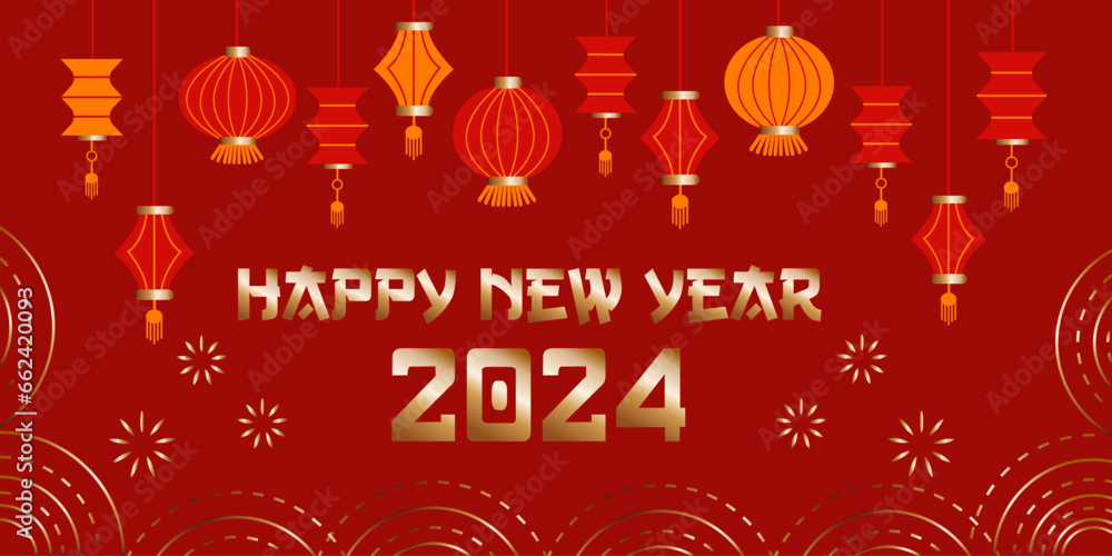 Traditional Chinese lanterns.Asian new year red lamps in Chinatown. New year 2024. Vector illustration