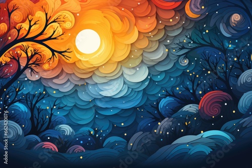 Night forest with moon and stars. Abstract background for Winter Solstice. 