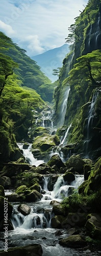 AI generated illustration of a lush green moss carpets the rocks at the edge of a roaring waterfall photo