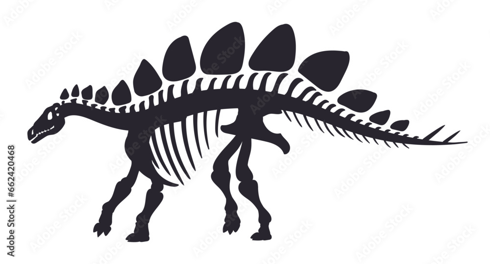 Dino skeleton silhouette. Cartoon ancient dinosaur fossil bones, jurassic reptile black silhouette. Flat vector illustration on white background
