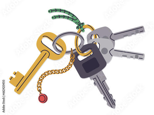 Bunch of keys. Hand drawn house or apartment keys with keyring and keychain flat vector illustration. Real estate entrance locking keys