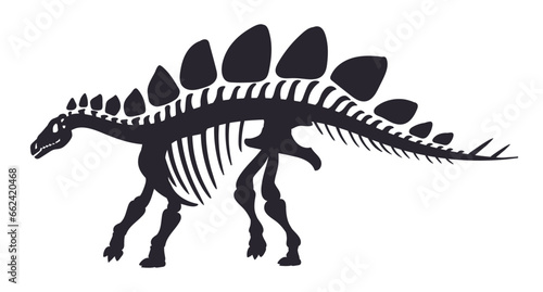 Dino skeleton silhouette. Cartoon ancient dinosaur fossil bones  jurassic reptile black silhouette. Flat vector illustration on white background