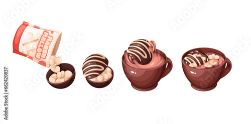 Chocolate bomb recipe vector illustration. Cartoon isolated infographics, sequence of steps for cooking hot drink in cup with chocolate ball and marshmallows, confectionery dessert for holidays