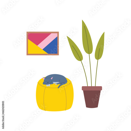 Cartoon Color Houseplant Potted, Poof with a Cat and Picture Set Element Home Inside Interior Concept Flat Design Style. Vector illustration