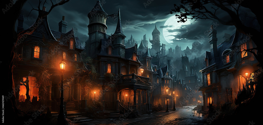 Sinister creepy Gothic city at night with illuminated windows and lanterns under a full moon