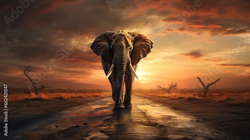 Elephant walking on road at sunset view. AI generated image