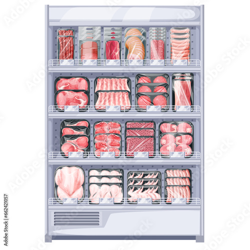 Supermarket fridge counter with meat vector illustration. Cartoon isolated beef, pork and chicken in plastic trays on shelf, fresh cattle and poultry farm products, meat variety in showcase for sale
