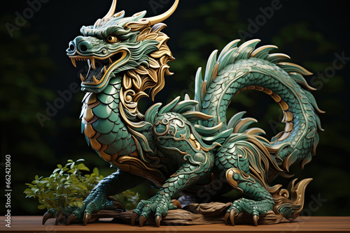 Small carved green wooden dragon figurine in autumn park is a symbol of year 2024 © sommersby